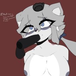 anthro areolae blue_ribbon emma_(piggy) eye_through_hair female female_focus grey_fur hair_ribbon heart-shaped_pupils piggy_(game) raccoon reupload roblox roblox_game saliva source_request staryoff tagme white_fur white_hair zack_(piggy) zebra