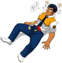 10s 1boy 2015 blush bulge erect_penis erection gay human japanese_text male male_only necktie oota_isao patlabor police police_uniform policeman simple_background solo tagme taku_hiraku text translation_request white_background