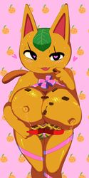 :3 animal_crossing animal_genitalia animal_pussy blush bow chocolates feline female_focus female_only furry furry_only heart-shaped_pupils huge_breasts lactating_juice naked nintendo no_humans nude orange_fur pink_background pointy_ears puffy_nipples solo tangy_(animal_crossing) unusual_lactation