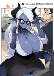 ai_generated blue_skin breasts curvy demon demon_girl ex-ragnarokknight glasses horns large_breasts monster_girl office office_lady scales