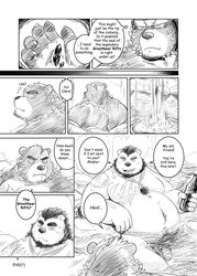 2020 anthro balls bathing belly comic cute_fangs duo english_text genitals hi_res humanoid_genitalia humanoid_hands humanoid_penis kemono male male_only mammal monochrome moobs mtflying30371 overweight overweight_male penis sitting text ursid