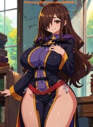 1girls ai_generated big_breasts brown_eyes brown_hair hair_over_one_eye hand_on_breast hand_on_chest hi_res huge_breasts kono_subarashii_sekai_ni_shukufuku_wo! large_breasts library long_hair mabi_ai pelvic_curtain side_slit thick_thighs wide_hips witch wiz_(konosuba)