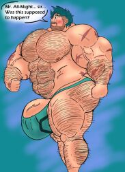 bara big_muscles body_hair commission excessive_body_hair hyper_muscles hyper_penis izuku_midoriya man_thong muscle_growth muscular_male my_hero_academia revindi side_profile