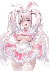 1girls alice_(nikke) artist_request blush breasts bunny_ears female female_only goddess_of_victory:_nikke maid maid_headdress maid_uniform one_eye_closed open_mouth peace_sign pink_eyes thick_thighs thighhighs underboob upper_teeth white_background white_hair