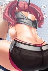 1boy ass asymmetrical_clothes azur_lane backboob black_shorts boots bra breasts bremerton_(azur_lane) fellatio female from_behind gachou grey_background grey_shirt hair_tie highres large_breasts long_hair off_shoulder oral panties pink_bra pink_hair pink_panties shirt short_shorts shorts thigh_boots thighhighs thong twintails underwear whale_tail