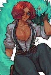 al3s artist_signature big_breasts brazilian brazilian_female breasts cleavage dress_shirt female fully_clothed giovanna_(guilty_gear) green_fur guilty_gear guilty_gear_strive one_eye_obstructed red_hair rei_(guilty_gear) short_hair smile suspenders tan-skinned_female tan_skin turquoise_eyes wolf