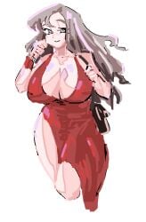 1girls arm_cuffs bag breasts breasts_apart brown_eyes brown_hair doodle dress female large_breasts leebongchun long_hair original original_character purse red_dress shoulderless_dress voluptuous voluptuous_female