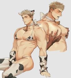 2boys abs absurdres animal_ears animal_print arm_warmers bara bell bikini blonde_hair blush chengzhineixihuanxiaogou closed_mouth covered_nipples cow_bikini cow_boy cow_ears cow_print cow_print_bikini cow_print_thighhighs cowbell dark-skinned_male dark_skin dungeon_meshi fake_animal_ears highres lactation laios_touden large_pectorals male male_lactation male_only multiple_boys muscular muscular_male navel nipple_stimulation nipple_tweak nipples open_mouth pectorals print_bikini short_hair simple_background solo_focus swimsuit white_background yaoi