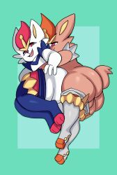 2boys anthro ass balls big_butt cinderace digital_drawing_(artwork) digital_media_(artwork) digital_painting_(artwork) duo femboy furry furry_only generation_8_pokemon genitals girly hi_res lagomorph leporid male male/male male_only mammal nintendo pokemon pokemon_(species) rabbit rabbit_boy samirachuni shiny_pokemon simple_background smile thick_thighs yaoi