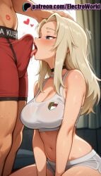 1boy 1girls 2025 ai ai_assisted ai_generated anime anime_girl anime_style artist_name big_breasts big_breasts big_breasts big_chest blonde_hair blue_eyes blurry_background blush breast breasts breasts breasts bulge bust busty chest choker clara_(girls_und_panzer) cleavage clothed_female_nude_male covered_nipples electroworld female girls_und_panzer hi_res high_quality high_resolution highres large_breasts licking long_hair navel nude patreon patreon_username shorts stable_diffusion straight sweat tattoo tongue tongue_out watermark