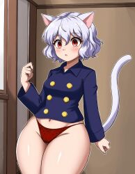 1girls ai_generated animal_ears bare_legs bare_thighs blue_shirt breasts cameltoe cat_ears cat_girl cat_tail chimera_ant female female_only gardener_ai humanoid hunter_x_hunter indoors navel neferpitou no_pants no_shorts pale-skinned_female pale_skin panties red_eyes red_panties short_hair shounen_jump skimpy stable_diffusion string_panties thick_thighs villainess white_hair wide_hips