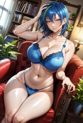 ai_generated blue_hair bra earrings female high_school_dxd huge_breasts looking_at_viewer navel one_arm_up shiromi_ai short_hair sitting smile thick_legs thick_thighs voluptuous xenovia_quarta yellow_eyes