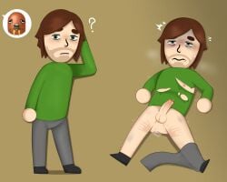 before_and_after brown_hair bruise censored_anus chibi confused exhausted face_shadow goulartehentai green_clothing green_eyes hand_print laying_on_back male_only mii pants_around_one_leg pants_down precum rape reverse_ryona shocked stubble tears tired torn_clothes torn_clothing vinesauce vinny_(vinesauce)