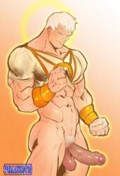 blue_eyes blush erection male_pubic_hair penis pubic_hair solo testicles veins