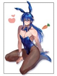 1boy alternate_costume bare_arms blue_eyes blue_hair bunny_boy bunny_ears bunnysuit femboy fire_emblem fire_emblem:_genealogy_of_the_holy_war high_heels kneeling leotard long_hair looking_at_viewer male male_only muscular muscular_male nintendo pantyhose ponytail seliph_(fire_emblem) smile solo tnomenko