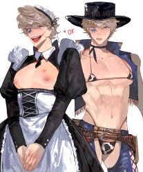 alternate_costume assless_chaps bikini blonde_hair blush chaps cow_bikini cow_print cowboy cowboy_hat crossdressing donquixote_rosinante facepaint fringe_trim gun_holster lipstick looking_at_viewer maid maid_headdress maid_uniform makeup male male_only manly_crossdresser micro_bikini multiple_outfits muscular one_piece pecs qlassic39 shiny_skin smile solo toned toned_male vest