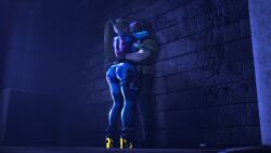 1boy 1girls 3d 3d_(artwork) 3d_model 3d_render arm_around_waist armored_male ass_grab bangs big_arms big_ass big_butt big_thighs blonde_female blonde_hair bodysuit branimation doom doom_slayer_(doom) from_below helmet_with_visor helmeted_human long_blonde_hair masked_male muscular muscular_male nintendo ponytail samus_aran sfm thick_thighs thigh_strap warehouse wide_hips