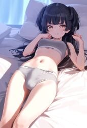 1futa ai_generated amber_eyes balls bangs black_hair blush bra breasts bulge dickgirl doseogwan erect_penis erection erection_under_clothes futa_only futanari hand_on_own_chest head_on_pillow idolmaster idolmaster_shiny_colors indoors legs_together light-skinned_futanari light_skin long_hair looking_at_viewer lying lying_on_back lying_on_bed mayuzumi_fuyuko medium_breasts midriff narrowed_eyes navel on_back panties penis penis_bulge pillow presenting slender slim smile solo solo_futa sports_bra stretched_clothing sunlight sunny sweat the_idolm@ster the_idolm@ster_shiny_colors underwear visible_penis_shape