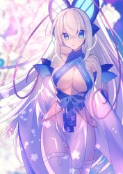 azure_striker_gunvolt bottomless bottomless_female cherry_blossoms cleavage cleavage_window falling_petals hand_on_shoulder huge_breasts kimono lumen_(gunvolt) no_panties no_pussy petals revealing_clothes see-through see-through_clothing thighhighs thighs