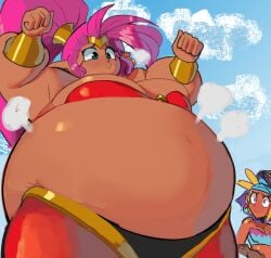 2girls air_inflation big_belly big_breasts fat fat_woman female female_only huge_belly huge_breasts hyper hyper_belly inflation multiple_girls nuumatic obese obese_female shantae shantae_(character) sky_(shantae) straight_hair tagme