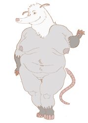 2024 3:4 abstract_background american_opossum anthro areola ass belly belly_overhang big_breasts big_butt breasts fangs_bared female full-length_portrait fupa fur genitals grey_areola grey_body grey_fur hi_res mammal marsupial navel niedopalek overweight overweight_anthro overweight_female paws pink_nose plump_labia portrait pussy simple_background smile solo solo_focus tail thick_thighs tuft whisker_spots white_background wide_hips