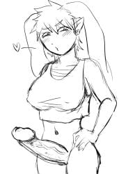 1futa bandaged_chest big_breasts big_penis bottomless breasts brown-chan clothed clothing crop_top da-da erection futa_only futa_sans_balls futanari hand_on_hip heart huge_cock human humanized line_art nipple_bulge oyasaioni9 partially_clothed penis pointy_ears rule_63 shemale solo standing teach_the_cat