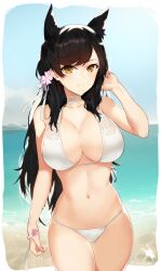 1girls atago_(azur_lane) atago_(summer_march)_(azur_lane) azur_lane beach_towel belly_button big_breasts black_hair brown_eyes cat_ears choker detailed_background eyebrows eyebrows_visible_through_hair figure flower_in_hair hair_ornament hand_on_hair hourglass light-skinned_female light_skin messy_hair sakura_empire_(azur_lane) sendo_(sendrawz) sendrawz signature smiling white_bikini