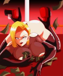 1girls android_18 areola areolae big_breasts blonde_female blonde_hair blonde_hair_female blue_eyes breasts color colored dragon_ball dragon_ball_super dragon_ball_z ear_ring earring earrings female female_focus female_only light-skinned_female light_skin lipstick money nala1588 nipples solo solo_female solo_focus stripper stripper_pole