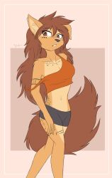 anthro apogee_(tinygaypirate) big_tail black_shorts brown_eyes brown_hair clothed clothed_female cream_fur female female_anthro female_furry floofy_tail furry furry_only long_hair orange_fur orange_shirt orange_topwear short_shorts shoulder_strap tattoo tattoo_on_arm tattoo_on_butt tattoos tinygaypirate
