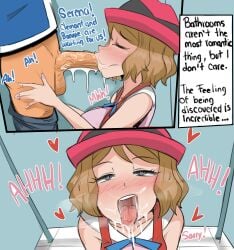 amourshipping ash_ketchum bathroom bathroom_stall big_penis blowjob comic comic_page cum cum_in_mouth enjoying heart-shaped_pupils leaking_cum open_mouth pokemon pokemon_xy reach025 rider117 satoshi_(pokemon) serena_(pokemon) submissive submissive_female sucking text text_bubble