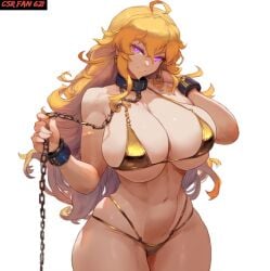 ai_generated big_breasts blonde_female blonde_hair chain_leash chains collar csr_fan_621 cutesexyrobutts_(style) cutesexyrobutts_ai_artstyle_imitation gold_bikini gold_bikini_bottom gold_bikini_top large_breasts looking_at_viewer purple_eyes rwby smile smiling smiling_at_viewer solo solo_female thick_thighs watermark yang_xiao_long