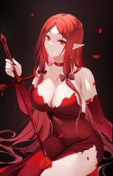 baige0 bare_shoulders bow breasts choker cleavage detached_sleeves dress elizabeth_(the_eminence_in_shadow) kage_no_jitsuryokusha_ni_naritakute! large_breasts long_hair pointy_ears red_eyes red_hair rose sitting solo strapless sword the_eminence_in_shadow vampire weapon