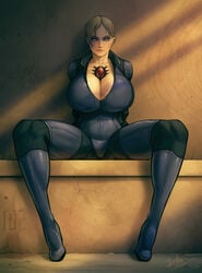 1girls 2020 alternate_breast_size arms_behind_back ass big_breasts blonde_hair bodysuit cleavage dated devil_hs eye_contact female female_only huge_breasts jill_valentine jill_valentine_(blonde) jill_valentine_(julia_voth) looking_at_viewer naughty_face open_legs resident_evil resident_evil_5 seductive seductive_smile signature skin_tight smile solo suggestive text thick_thighs watermark wide_hips