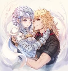 armor blonde_hair braided_hair embrace embracing embracing_each_other first_post_of_artist fuji_maru happy hug laeticia_aucerius muscle muscles muscular muscular_male princess raymond_lawrence roman romance romantic romantic_couple silver_hair smile square_enix star_ocean star_ocean_the_divine_force video_game_character video_game_franchise white_background