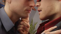 2boys 2humans 2males 3d 3d_(artwork) 3d_model about_to_kiss bromance close-up friends gay gay_interracial gay_kissing homoerotic interracial intimate johnny_cage johnny_cage_(new_era) kenshi_takahashi male/male male_only mortal_kombat mortal_kombat_1_(2023) netherrealm_studios nightin_galez romantic romantic_ambiance sensual sexual_tension