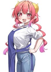 1girls :d apron bangs blue_apron blue_pants blush breasts denim dragon_girl dragon_horns gradient_hair haruyuki_(gffewuoutgblubh) hi_res horns huge_breasts ilulu_(dragon_maid) ilulu_(maidragon) jeans kobayashi-san_chi_no_maidragon large_breasts long_hair looking_at_viewer low_twintails multicolored_hair open_mouth pants pink_hair pointy_ears red_eyes red_hair sharp_teeth shirt shortstack simple_background slit_pupils smile solo standing teeth twintails upper_teeth_only white_background white_shirt yellow_horns