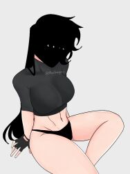 big_breasts black_hair crop_top fingerless_gloves looking_at_viewer morinagart panties sitting void