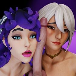 2girls 3d aphrodite aphrodite_(fortnite) artemis artemis_(fortnite) double_facejob facejob fortnite fortnite:_battle_royale goddess looking_at_viewer multiple_girls naked naked_female penis_between_faces penis_on_cheek seductive_look sweat white_hair