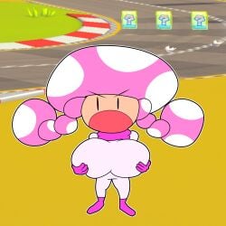 1girls angry angry_face big_breasts breasts female giant_breasts humanoid item_box mario_(series) mario_kart mario_kart_8 mob_face mushroom_girl mushroom_humanoid nintendo racing_suit simple_face teaset_haliley tight_clothing toad_(mario) toadette twintails