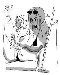 1girls beach bikini bikini_removed bikini_top breasts doodle drink drinking erection erection_under_clothes huge_breasts large_breasts leebongchun mature mature_female milf monochrome nipple_slip nipples original original_character short_hair sunglasses sunglasses_on_head wife