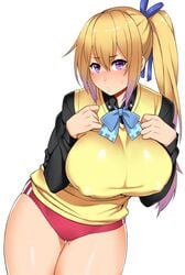 big_breasts blonde_hair female_only kawakami_mai long_hair musaigen_no_phantom_world nipples nipples_visible_through_clothing no_bra ponytail purple_eyes solid_air solo solo_female solo_focus thick_thighs