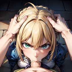 1girls ai_generated angry angry_face angry_fellatio arbitrary artoria_pendragon blonde_hair blowjob cum cum_in_mouth deepthroat face_fucking fate_(series) fellatio female_focus forced_oral green_eyes hand_on_head head_grab hi_res oral oral_creampie penis_in_mouth pov pov_eye_contact saber stable_diffusion throat_fuck