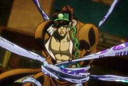 1boy bondage david_productions edit hierophant_green jojo's_bizarre_adventure jotaro_kujo male male_only muscular_male pecs shirtless shirtless_male solo stand_(jjba) stardust_crusaders