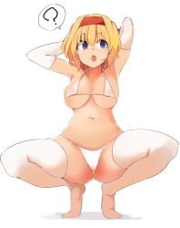 :o ? @_@ alice_margatroid animal_ears arms_up bare_arms bare_shoulders bikini blonde_hair blue_eyes breasts cleavage female full_body gloves hairband halterneck high_heels highleg hypnosis kamukamu_(ars) looking_at_viewer medium_breasts micro_bikini mind_control open_mouth red_hairband shoes short_hair solo spoken_question_mark squatting swimsuit thighhighs touhou white_bikini white_gloves white_thighhighs