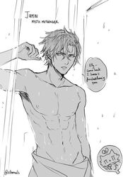 1boy abs english_dialogue english_text eternals_(artist) feline half_naked jumin_han male_only monochrome mystic_messenger nude_male topless topless_male towel towel_around_waist wet_hair wet_skin