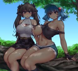 2girls alternate_costume bare_legs blue_eyes blue_sky breasts brown_hair checkered_clothes checkered_skirt cleavage cleavage_cutout clothes_lift clothing_cutout day grabbing_own_breast hair_bobbles hair_ornament hat hatate_himekaidou hater_(hatater) highres himekaidou_hatate in_tree kawashiro_nitori kneehighs lactation large_breasts long_hair minishorts miniskirt multiple_girls navel nipples nitori_kawashiro no_bra off_shoulder outdoors pointy_ears purple_skirt shirt_lift short_shorts shorts sitting skirt sky socks tagme thighs touhou tree twintails two_side_up