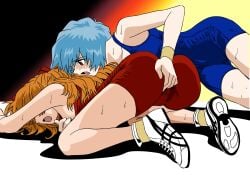 2girls ass ass_focus ass_grab ass_up asuka_langley_sohryu back_view bending_forward bending_over bent_over blue_hair catfight fingering leaning_forward long_hair neon_genesis_evangelion pussy_grip red_hair rei_ayanami short_hair shorts sportswear spread_legs teenager tight_clothing tight_fit wet_body wet_clothes wet_skin wrestling wrestling_outfit wrestling_singlet yoga yuri yuutaku1618