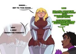 1futa 1girls 2024 armor armor_plates armored_gloves balls belly big_breasts blonde_hair bodily_fluids bodystocking bodysuit breasts brown_hair bulge clothed clothing dark-skinned_female dark_body dark_skin duo embarrassed english_text errokioslem female female/female female_to_futa fully_clothed futa_focus futanari futanari_transformation hair herm human intersex light-skinned_futanari light_skin long_hair magic mammal mostly_clothed pale_skin penis penis_expansion penis_growth solo_focus standing sweat sweatdrop