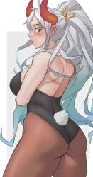 1girls ass big_breasts blue_hair blush bunny_tail bunnysuit female female_only foonie foonie_xd horns large_breasts lipstick looking_back multicolored_hair one_piece ponytail solo solo_female solo_focus thick_thighs thighs white_hair wide_hips yamato_(one_piece)