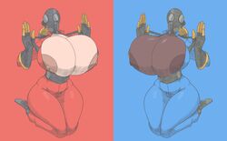 2girls big_breasts big_nipples blue_bodysuit bodysuit breast_squish breasts brown_nipples bursting_breasts cleavage clothed colored_sketch dark-skinned_female dark_skin female female_only fempyro gas_mask gasmask gigantic_breasts huge_breasts light-skinned_female light_skin mask masked nipple_slip nipples nsfwoaf pyro pyro_(team_fortress_2) red_bodysuit rubber_gloves rubber_suit sketch skindentation team_fortress_2